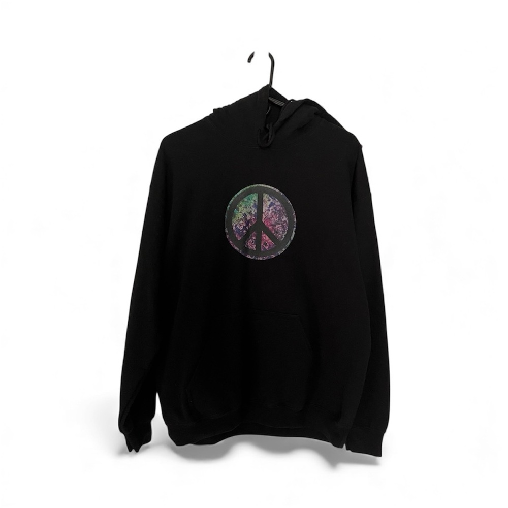 Gildan 18500 Black Drawstring Hoodie with Colorful Peace Sign